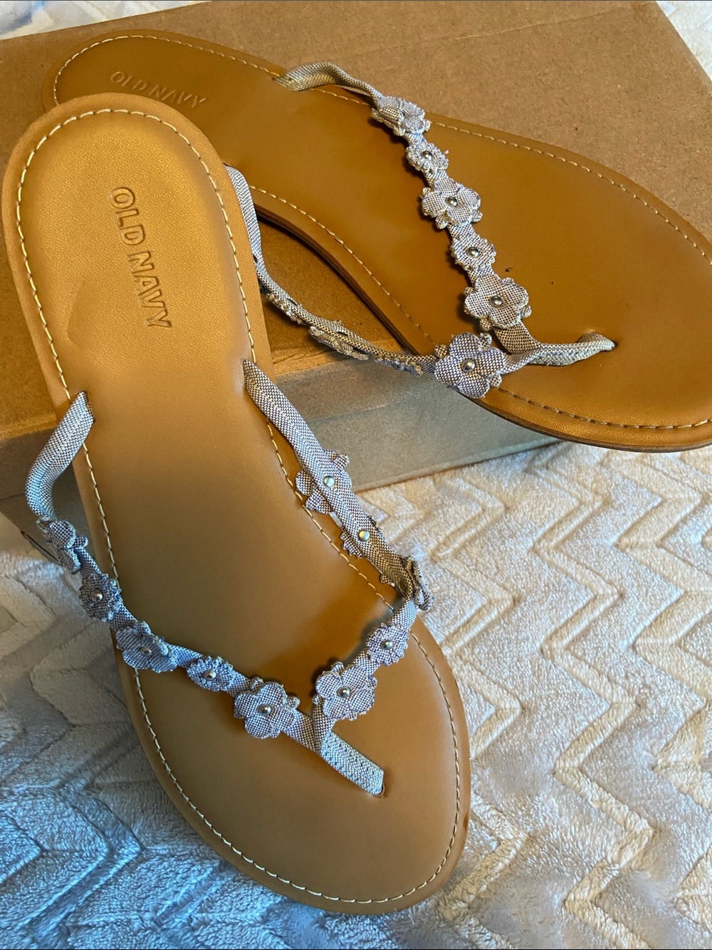 Old Navy Tan Footbed Sandals with Blue Floral T-Strap